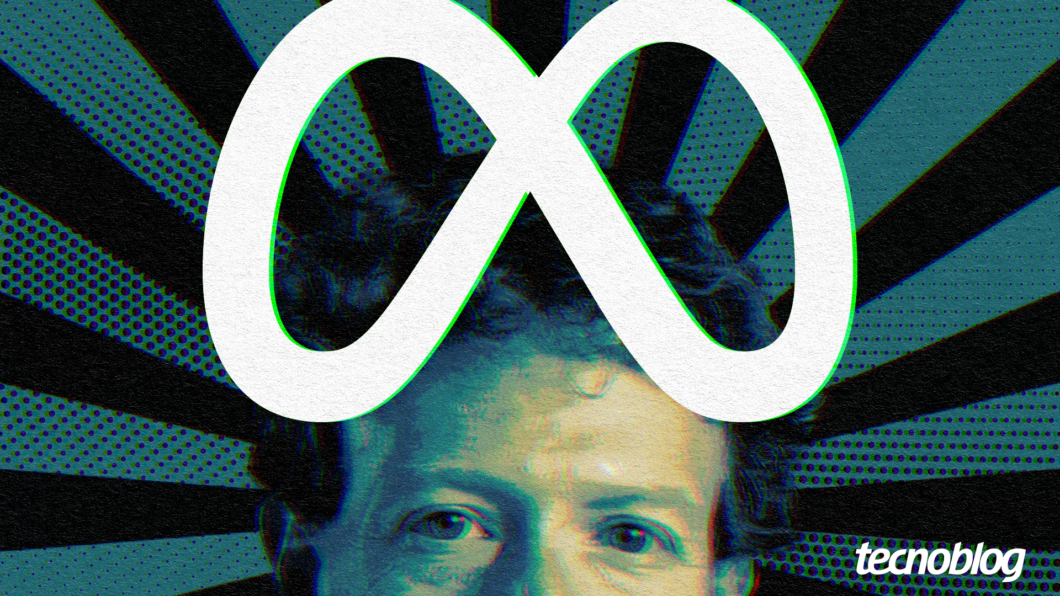 Arte com a logomarca da Meta ao centro e o rosto de Mark Zuckerberg abaixo.