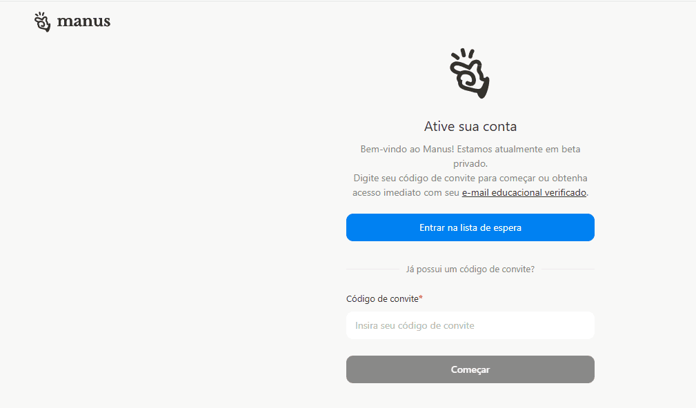 Opção para entrar na lista de Espera do Manus AI ou inserir o código do convite