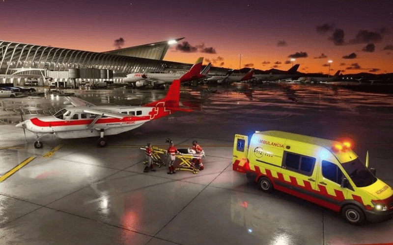 Equipe de paramédicos prestam socorro na pista de pouso de um aeroporto (Imagem: Microsoft/Divulgação)