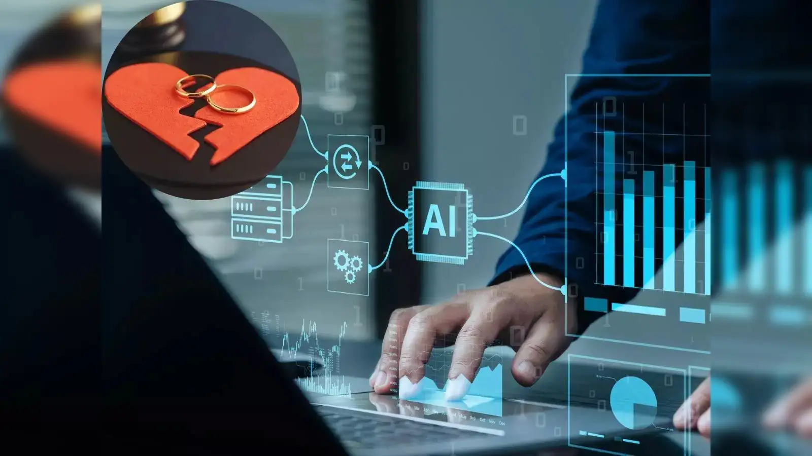 Coração partido com alianças sobre laptop e IA