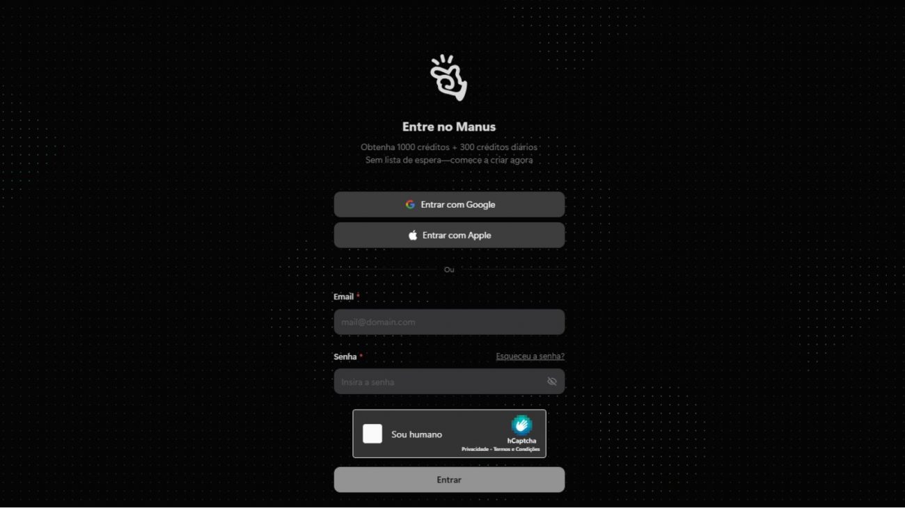 Página de login do Manus